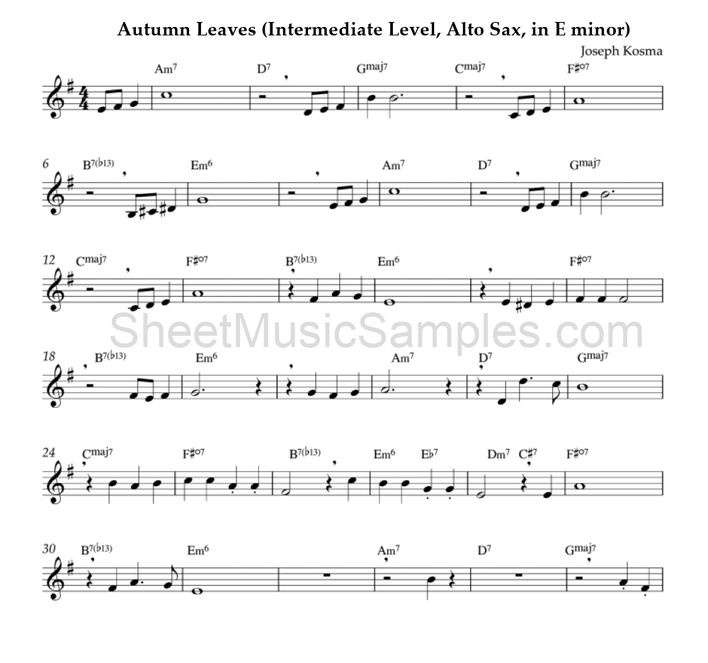 Autumn Leaves (Intermediate Level, Alto Sax, in E minor)