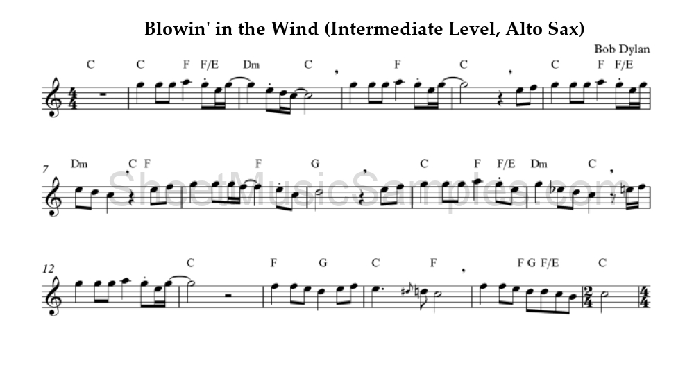 Blowin' in the Wind (Intermediate Level, Alto Sax)