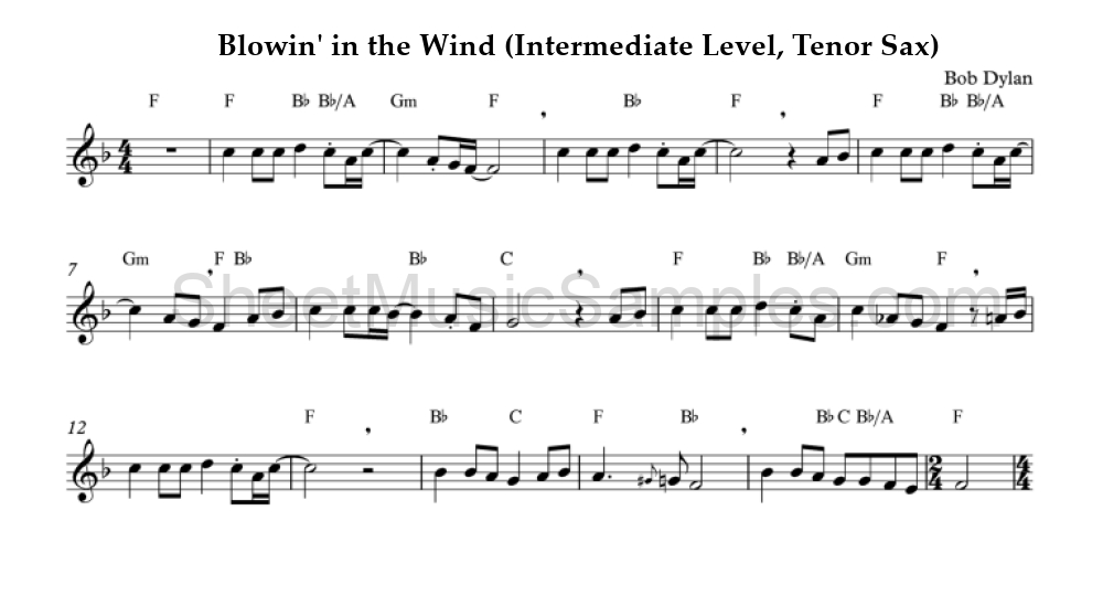 Blowin' in the Wind (Intermediate Level, Tenor Sax)