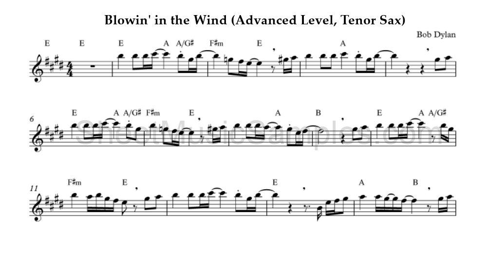 Blowin' in the Wind (Advanced Level, Tenor Sax)