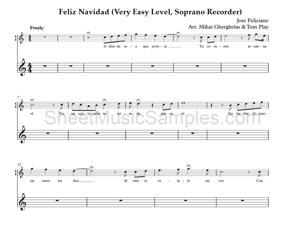 Feliz Navidad (Very Easy Level, Soprano Recorder)