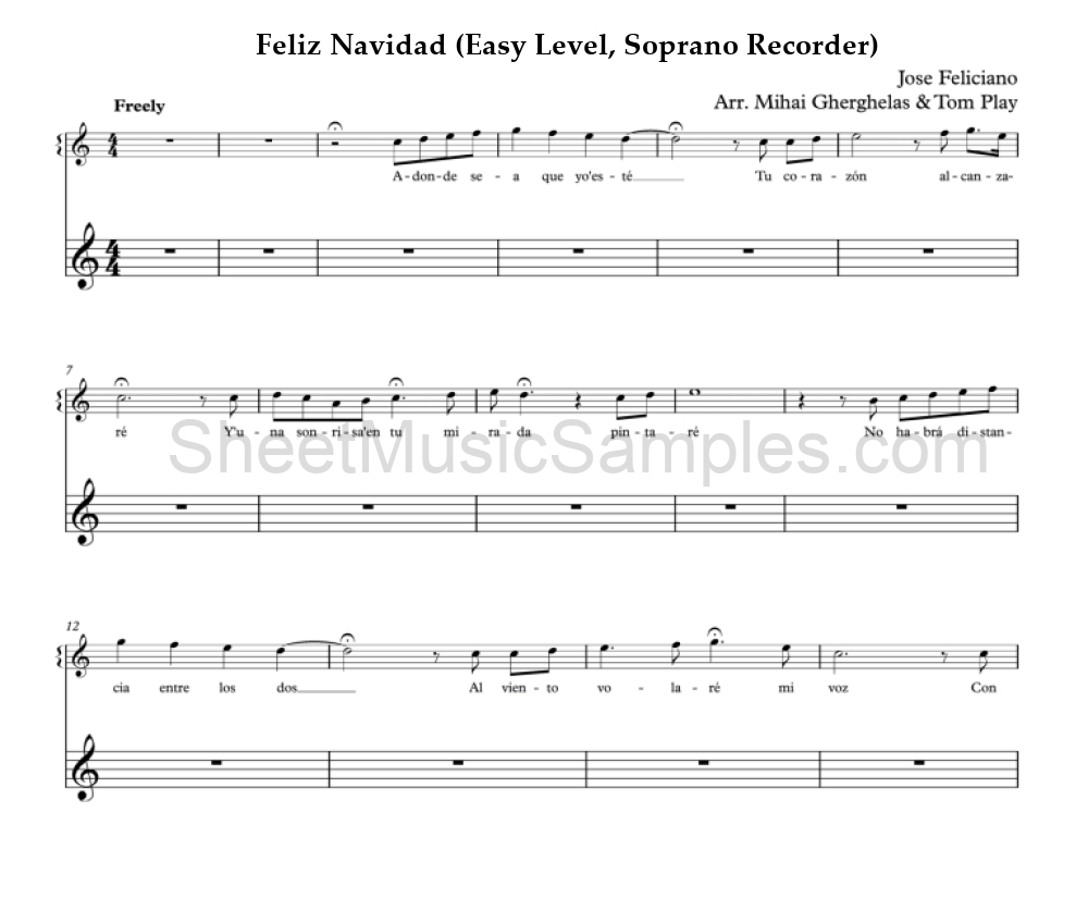 Feliz Navidad (Easy Level, Soprano Recorder)