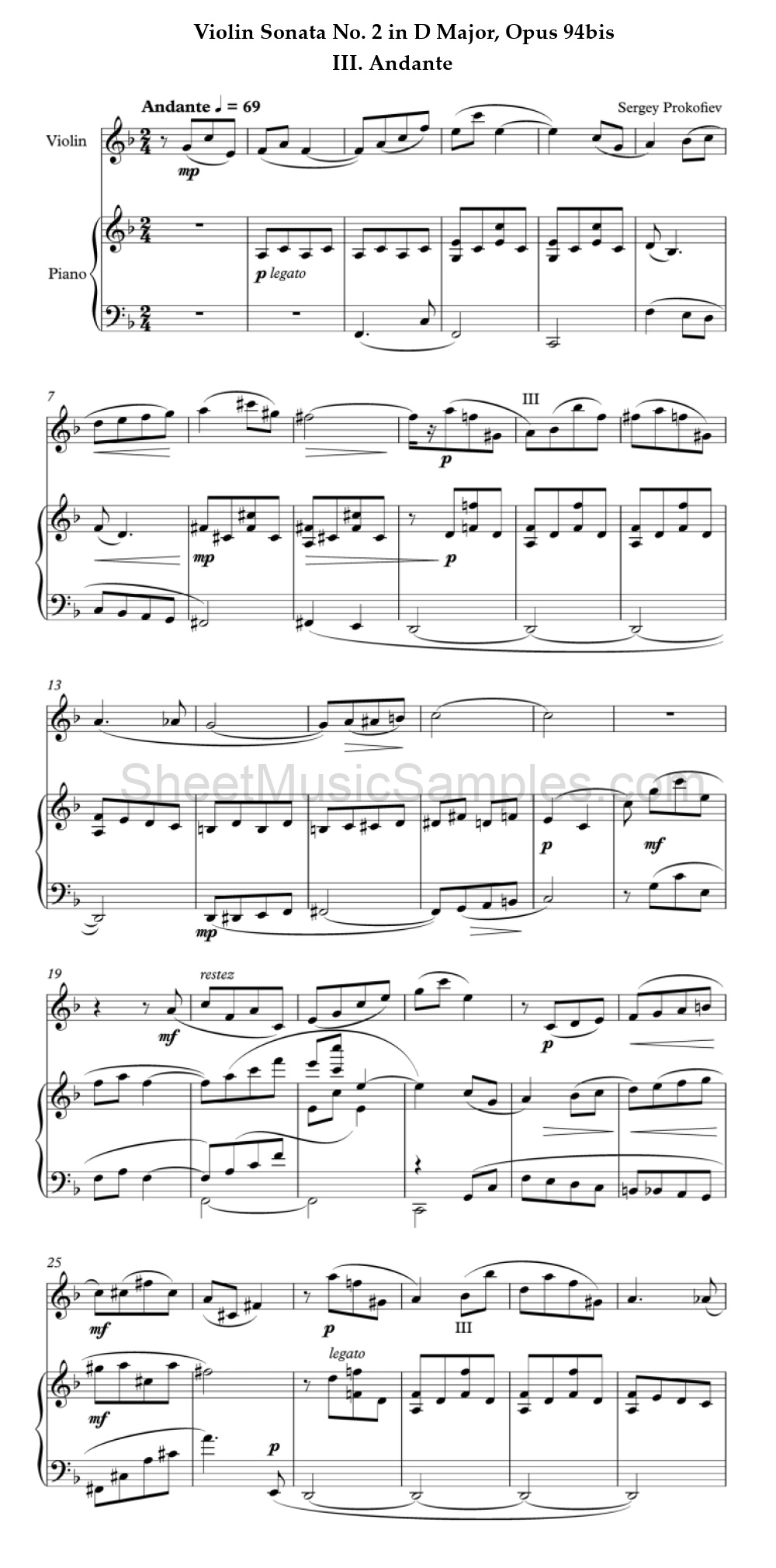 Violin Sonata No. 2 in D Major, Opus 94bis - III. Andante