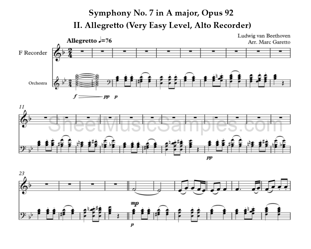 Symphony No. 7 in A major, Opus 92 - II. Allegretto (Very Easy Level, Alto Recorder)