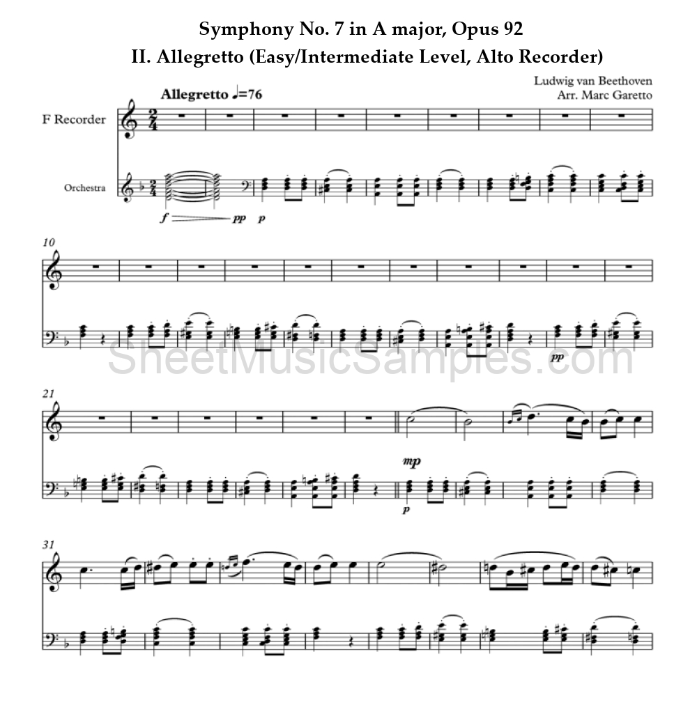 Symphony No. 7 in A major, Opus 92 - II. Allegretto (Easy/Intermediate Level, Alto Recorder)