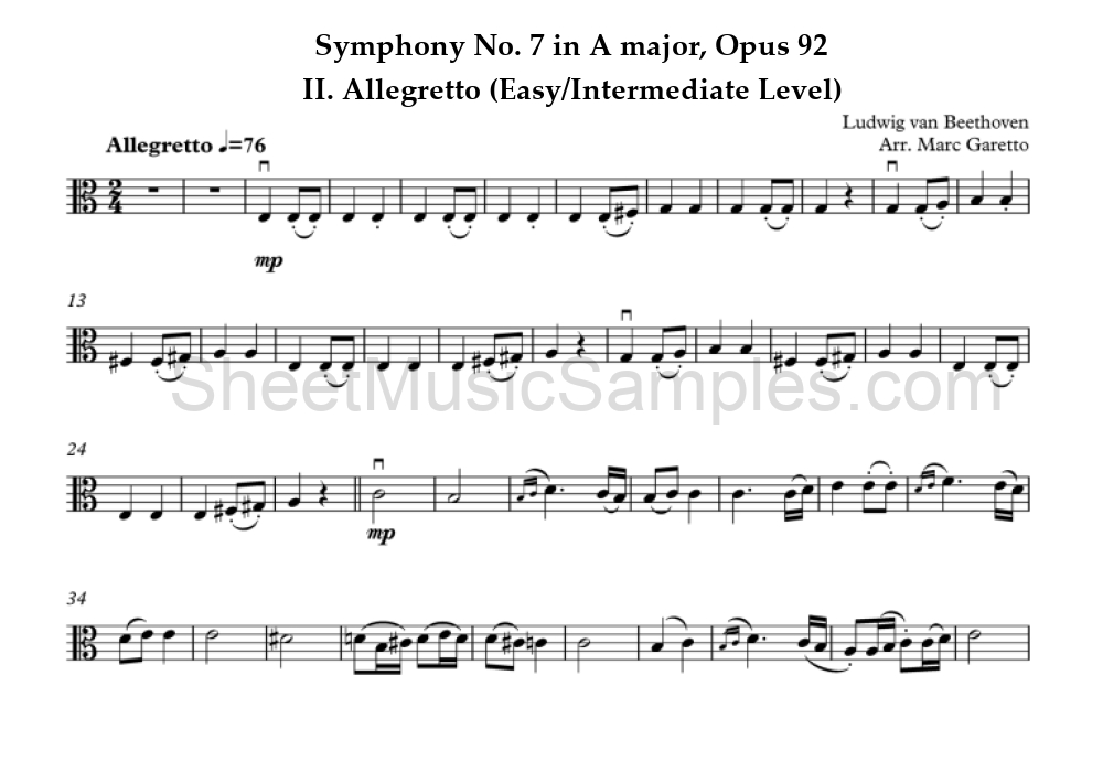 Symphony No. 7 in A major, Opus 92 - II. Allegretto (Easy/Intermediate Level)