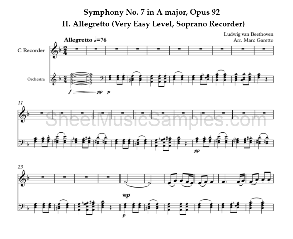 Symphony No. 7 in A major, Opus 92 - II. Allegretto (Very Easy Level, Soprano Recorder)