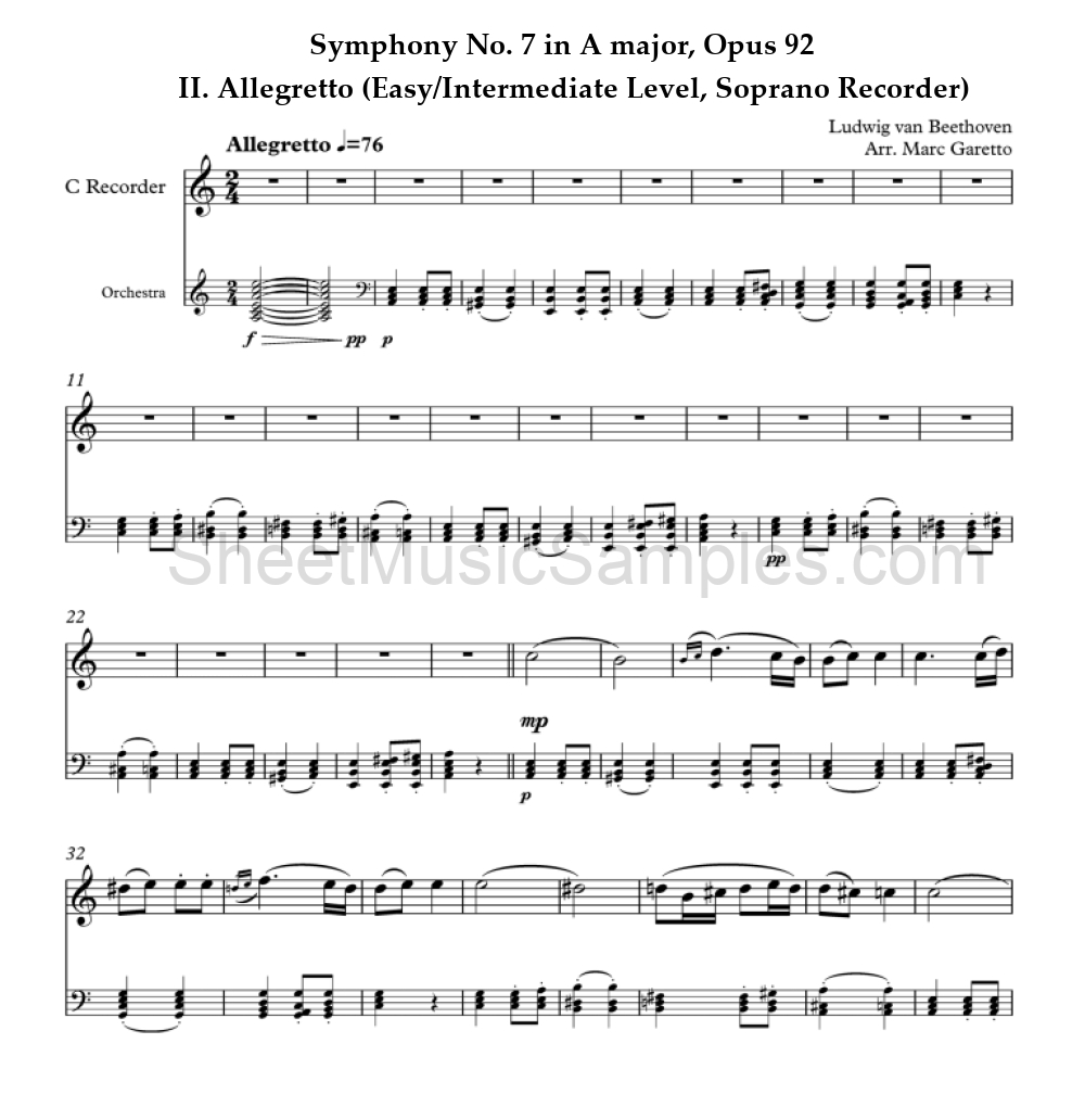 Symphony No. 7 in A major, Opus 92 - II. Allegretto (Easy/Intermediate Level, Soprano Recorder)