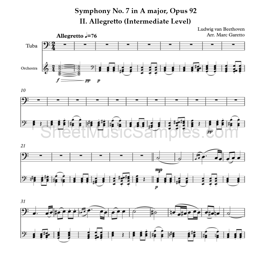 Symphony No. 7 in A major, Opus 92 - II. Allegretto (Intermediate Level)