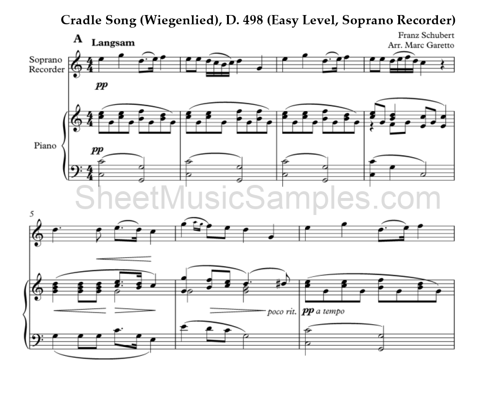 Cradle Song (Wiegenlied), D. 498 (Easy Level, Soprano Recorder)