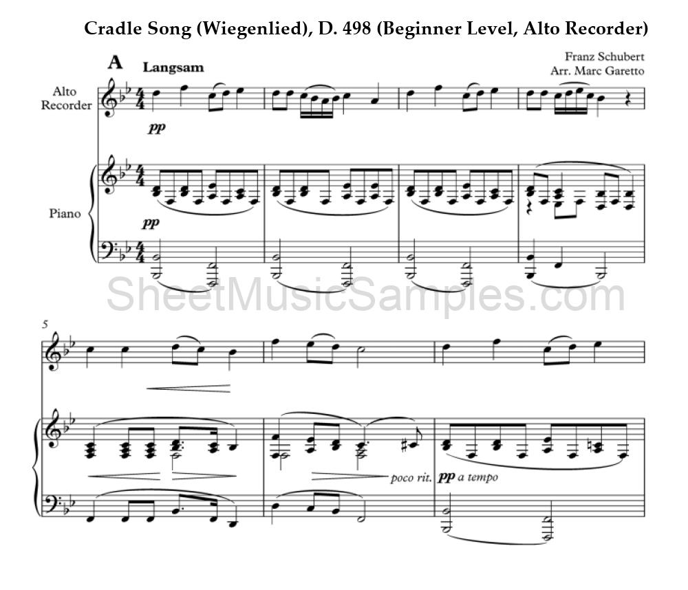 Cradle Song (Wiegenlied), D. 498 (Beginner Level, Alto Recorder)