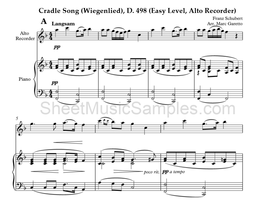 Cradle Song (Wiegenlied), D. 498 (Easy Level, Alto Recorder)