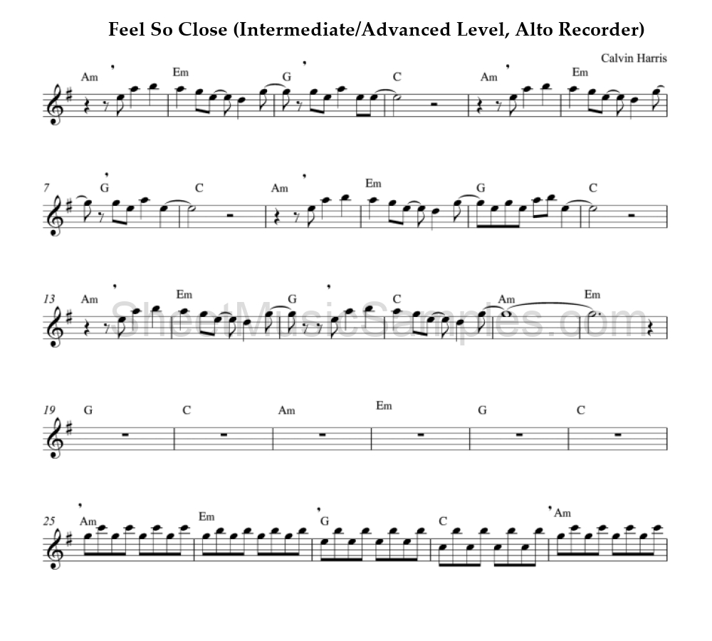 Feel So Close (Intermediate/Advanced Level, Alto Recorder)