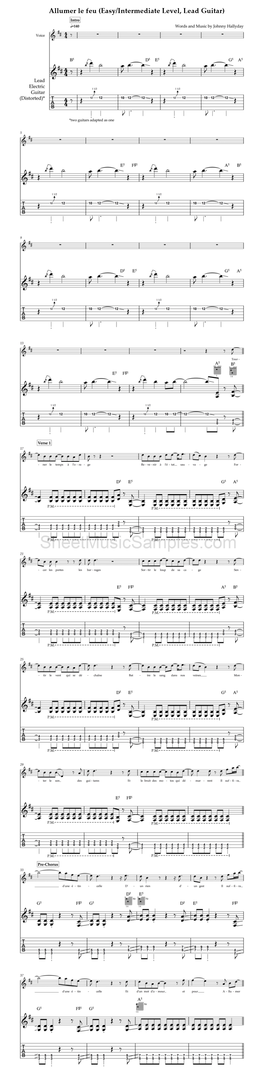 Allumer le feu (Easy/Intermediate Level, Lead Guitar)