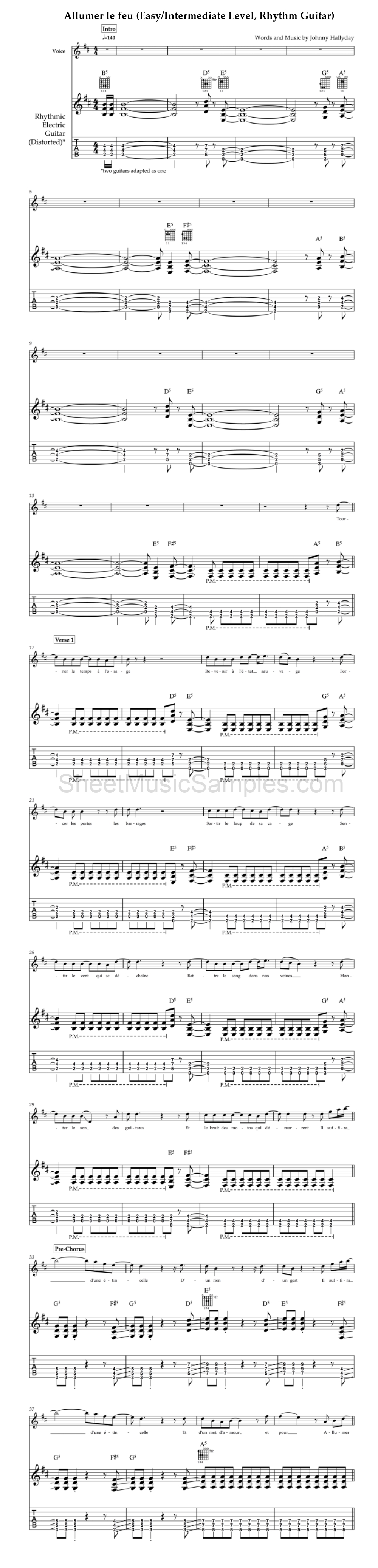 Allumer le feu (Easy/Intermediate Level, Rhythm Guitar)