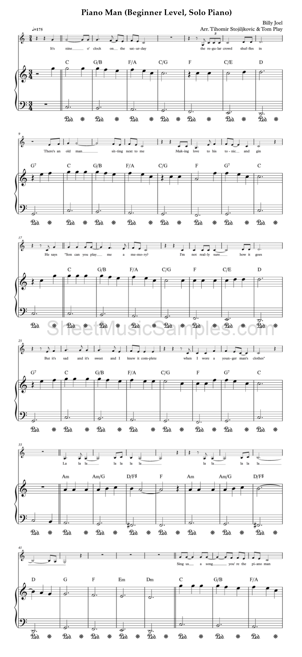 Piano Man (Beginner Level, Solo Piano)