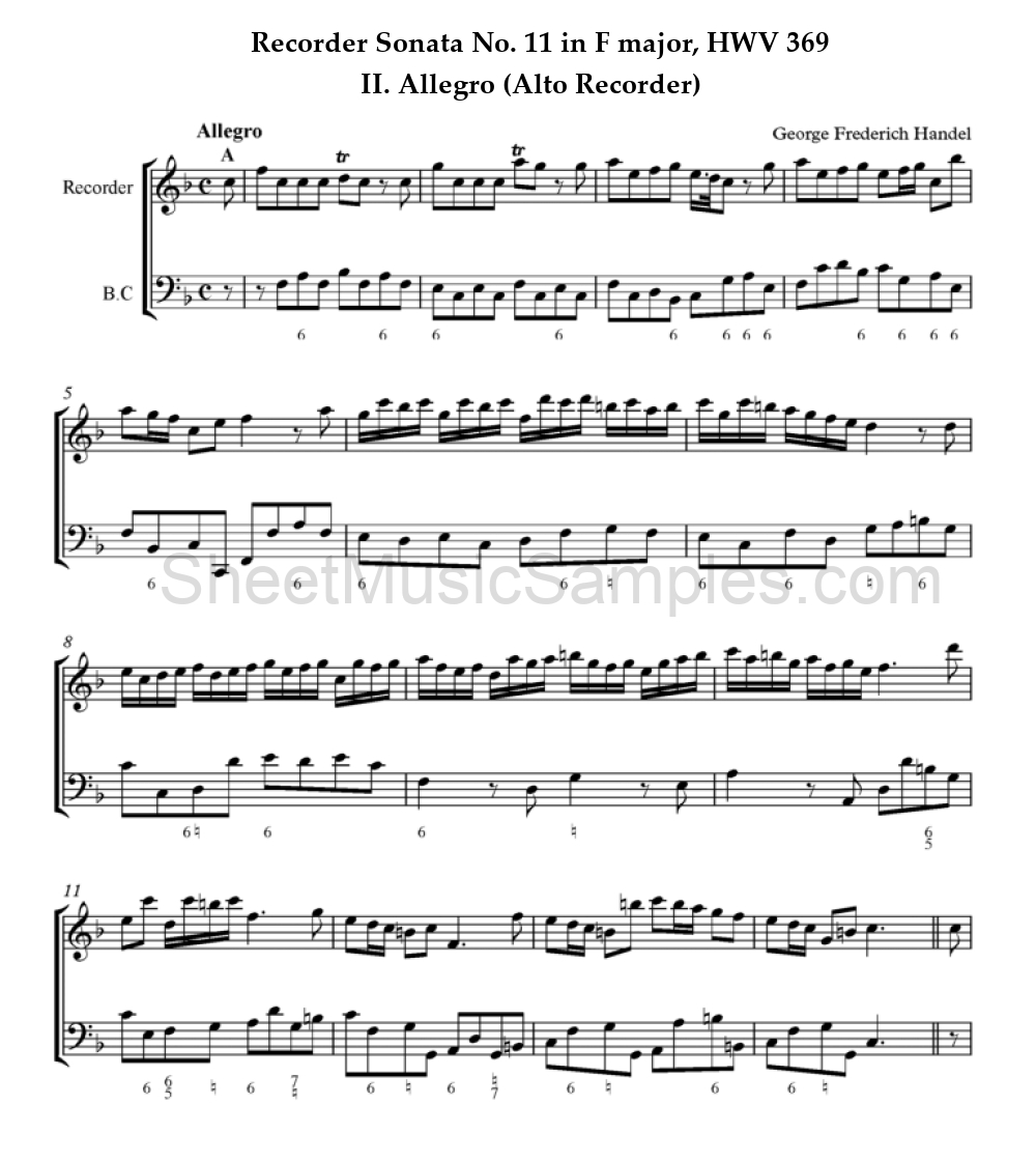 Recorder Sonata No. 11 in F major, HWV 369 - II. Allegro (Alto Recorder)