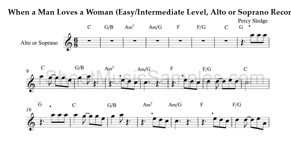 When a Man Loves a Woman (Easy/Intermediate Level, Alto or Soprano Recorder)