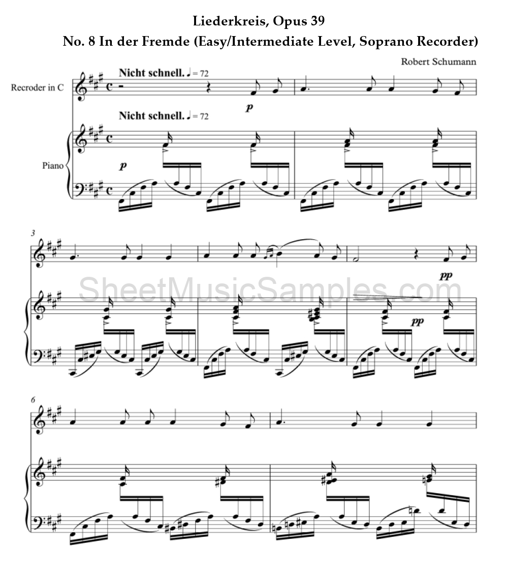 Liederkreis, Opus 39 - No. 8 In der Fremde (Easy/Intermediate Level, Soprano Recorder)