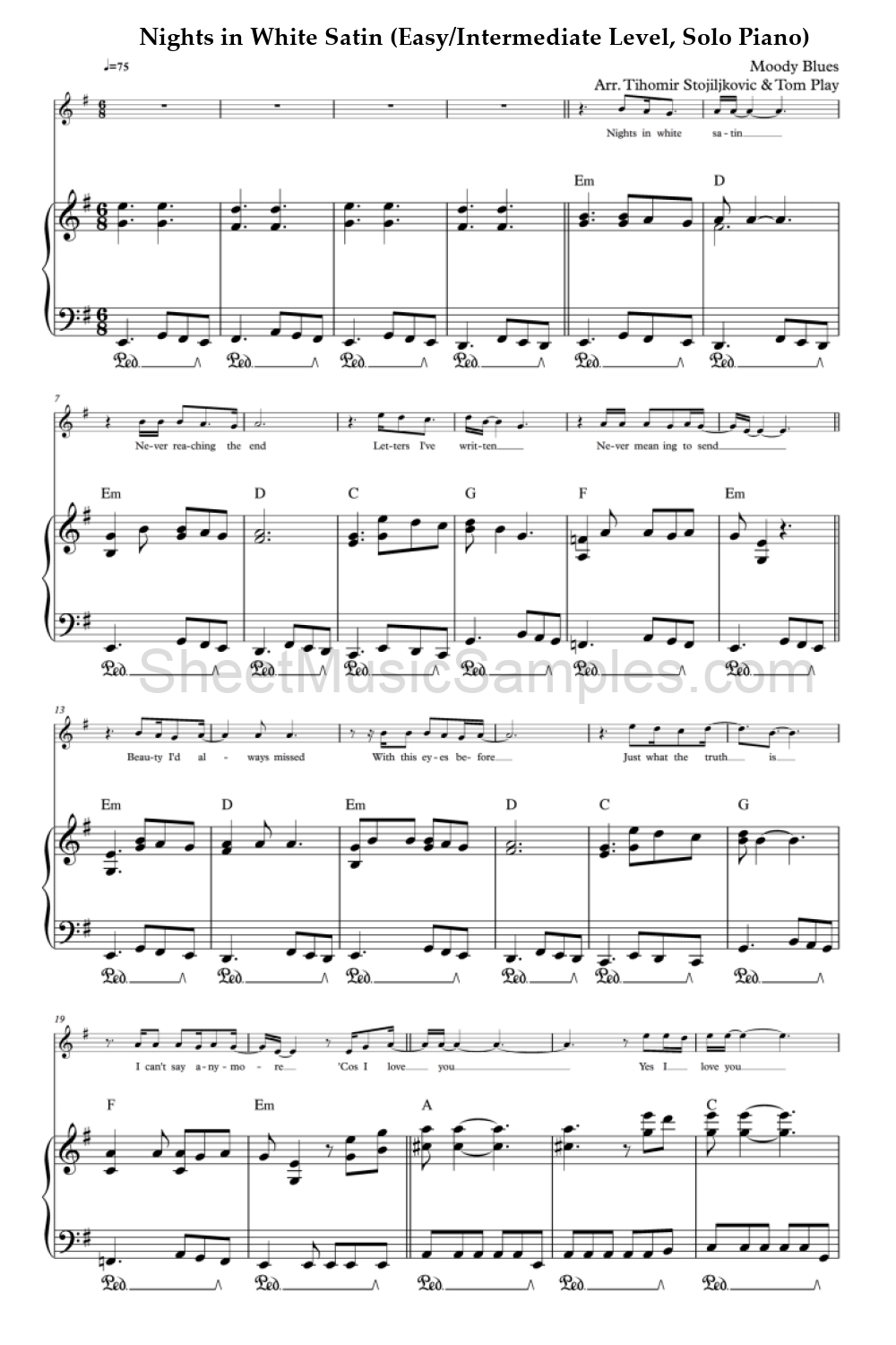 Nights in White Satin (Easy/Intermediate Level, Solo Piano)