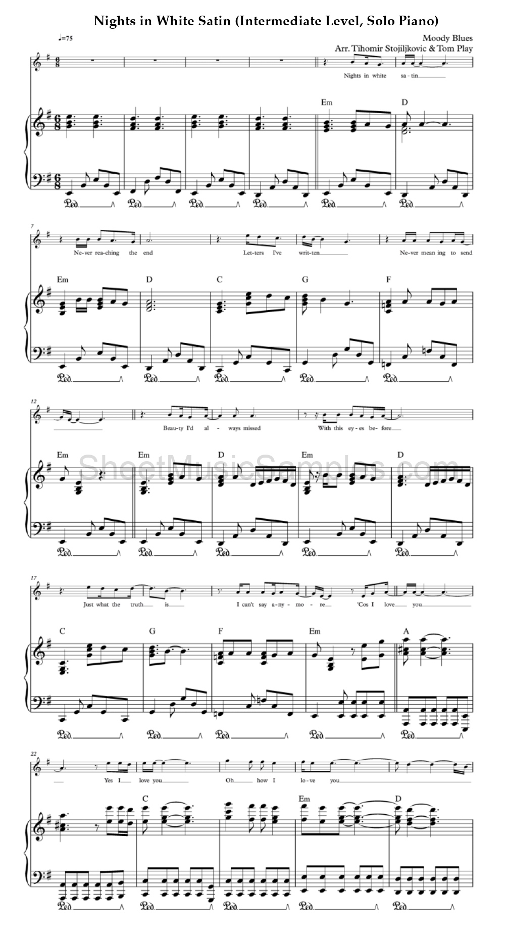 Nights in White Satin (Intermediate Level, Solo Piano)