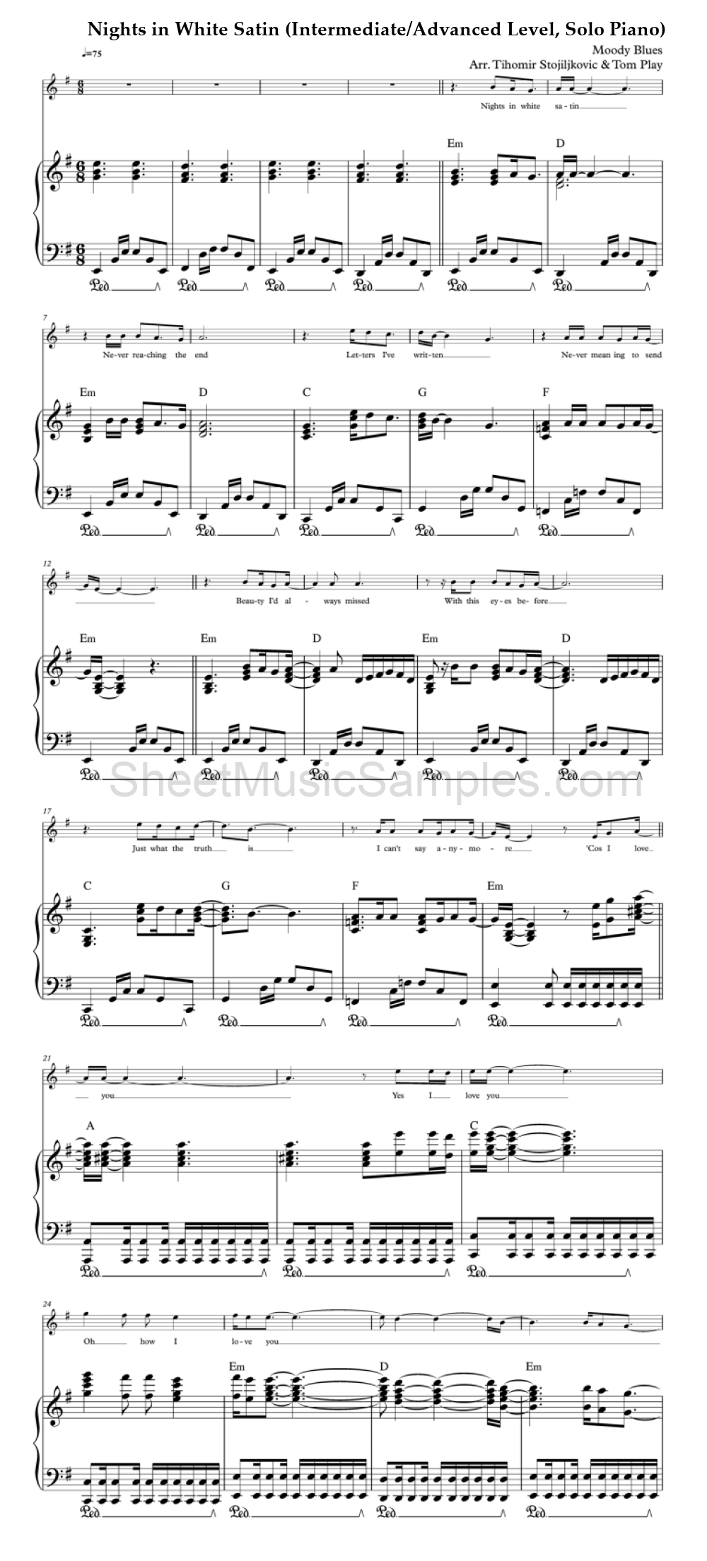 Nights in White Satin (Intermediate/Advanced Level, Solo Piano)