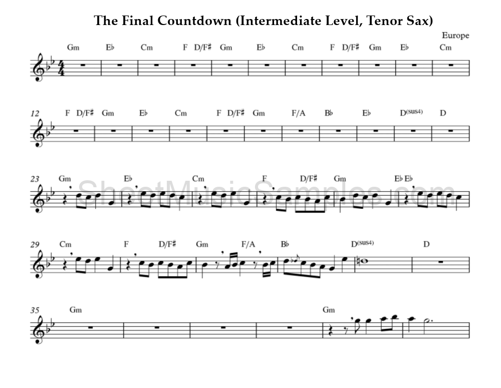 The Final Countdown (Intermediate Level, Tenor Sax)