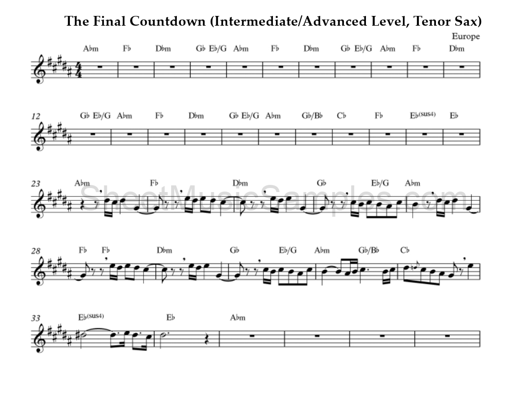 The Final Countdown (Intermediate/Advanced Level, Tenor Sax)