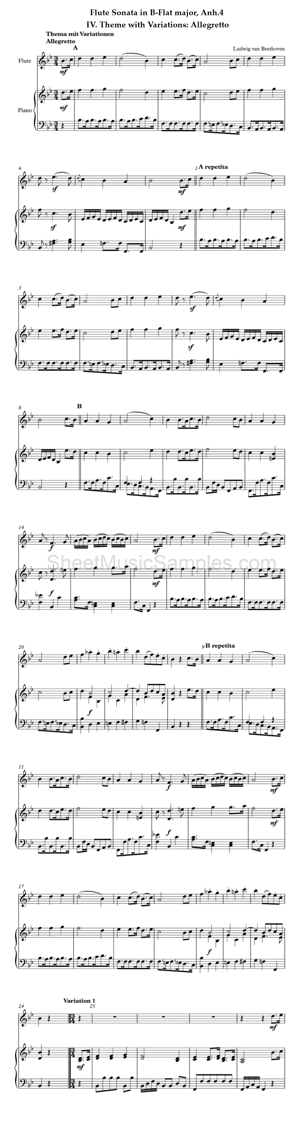 Flute Sonata in B-Flat major, Anh.4 - IV. Theme with Variations: Allegretto