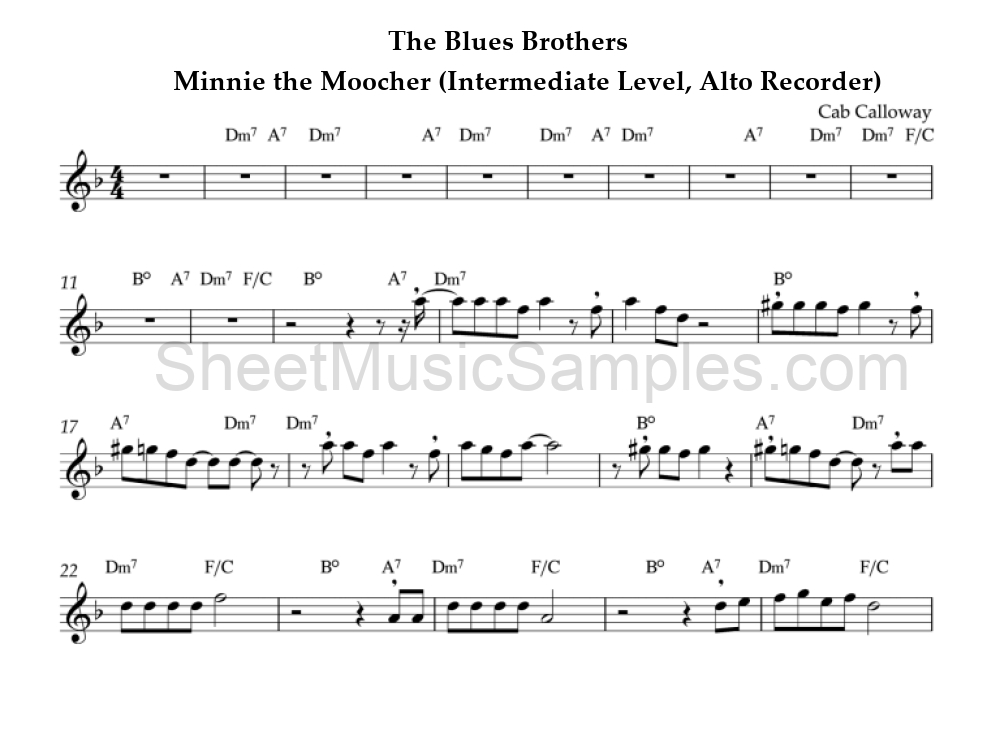 The Blues Brothers - Minnie the Moocher (Intermediate Level, Alto Recorder)