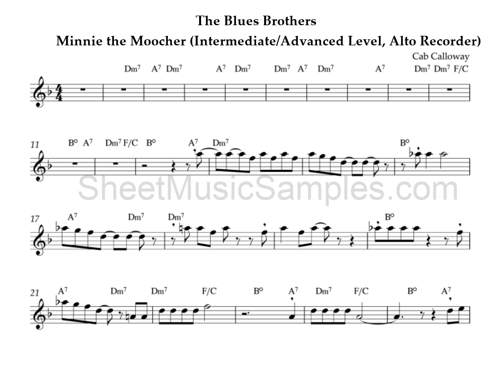 The Blues Brothers - Minnie the Moocher (Intermediate/Advanced Level, Alto Recorder)