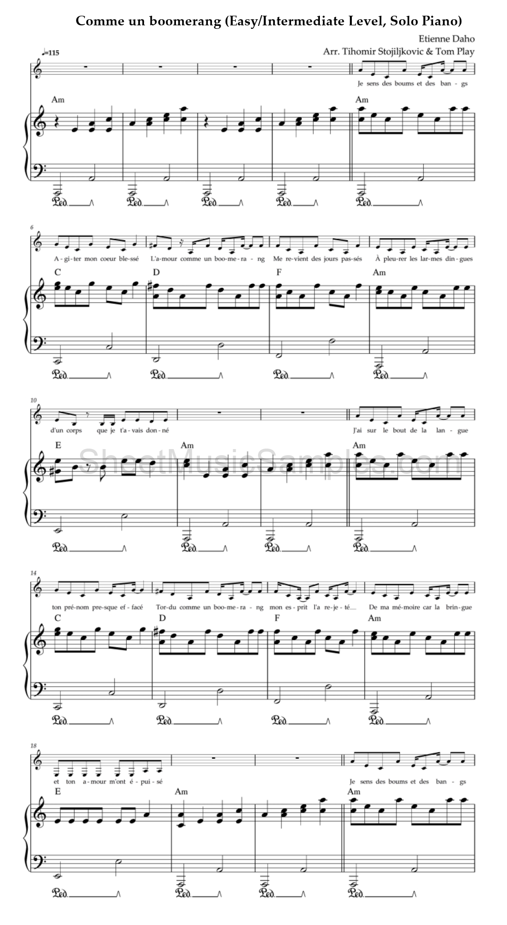 Comme un boomerang (Easy/Intermediate Level, Solo Piano)