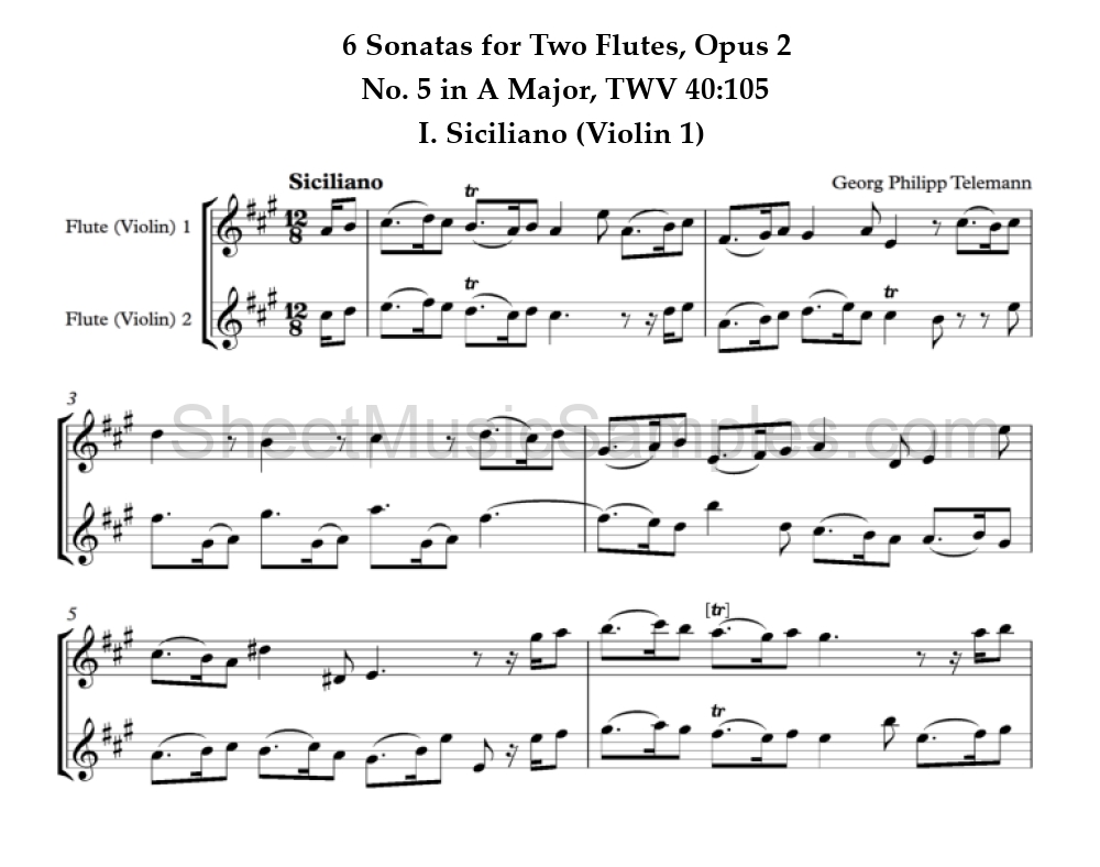 6 Sonatas for Two Flutes, Opus 2 - No. 5 in A Major, TWV 40:105 - I. Siciliano (Violin 1)