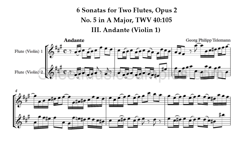 6 Sonatas for Two Flutes, Opus 2 - No. 5 in A Major, TWV 40:105 - III. Andante (Violin 1)