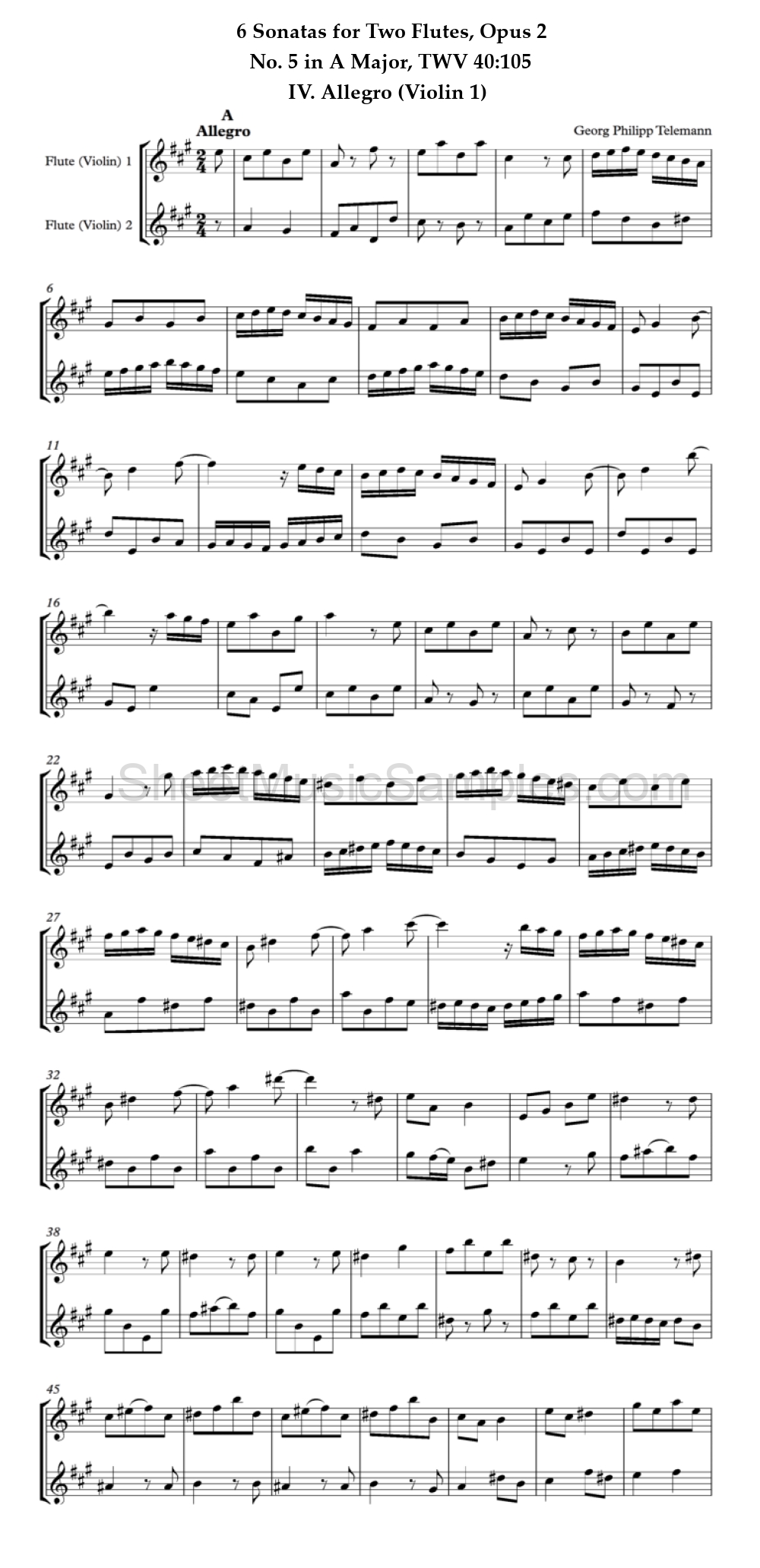 6 Sonatas for Two Flutes, Opus 2 - No. 5 in A Major, TWV 40:105 - IV. Allegro (Violin 1)