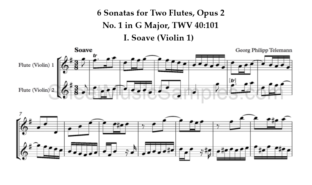 6 Sonatas for Two Flutes, Opus 2 - No. 1 in G Major, TWV 40:101 - I. Soave (Violin 1)