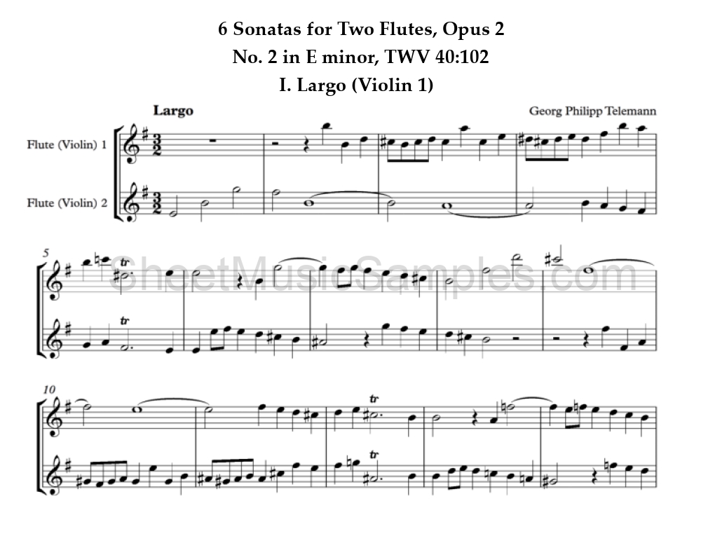 6 Sonatas for Two Flutes, Opus 2 - No. 2 in E minor, TWV 40:102 - I. Largo (Violin 1)