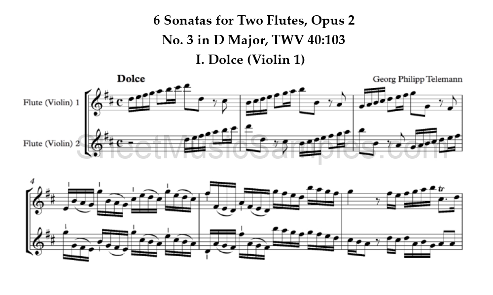 6 Sonatas for Two Flutes, Opus 2 - No. 3 in D Major, TWV 40:103 - I. Dolce (Violin 1)