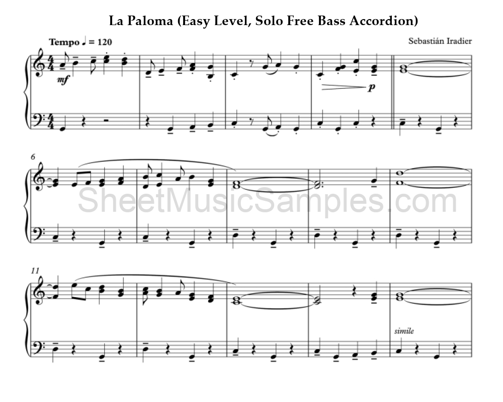 La Paloma (Easy Level, Solo Free Bass Accordion)