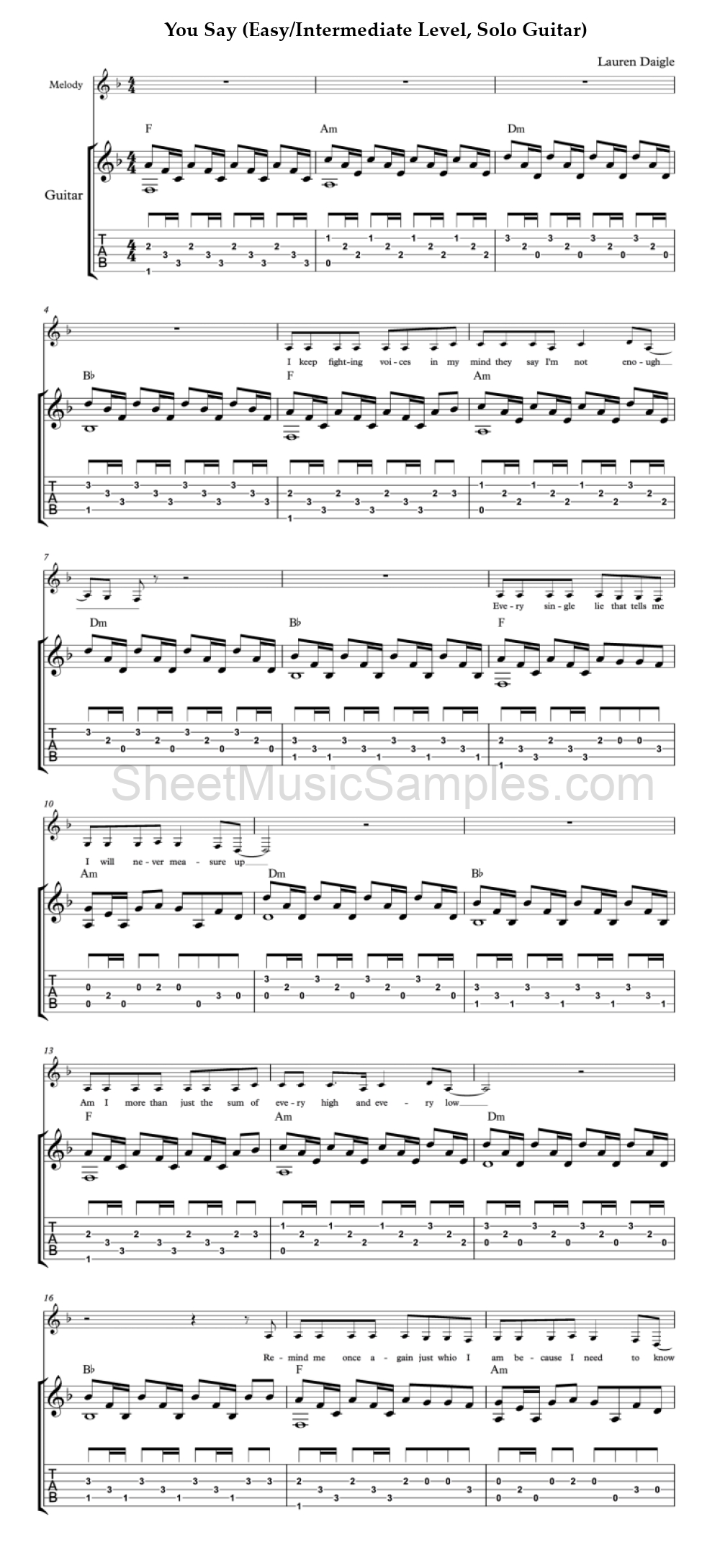 You Say (Easy/Intermediate Level, Solo Guitar)