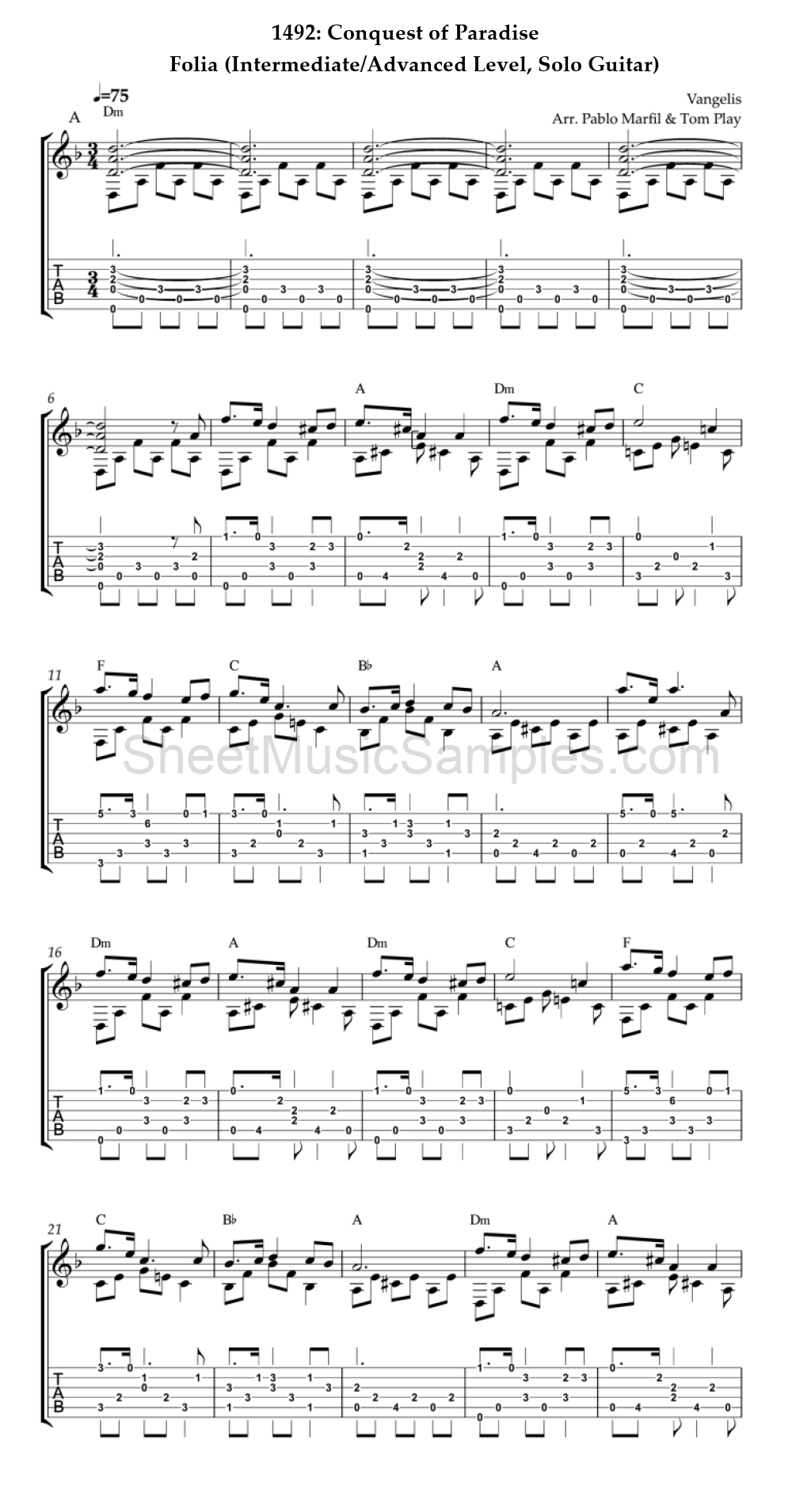 1492: Conquest of Paradise - Folia (Intermediate/Advanced Level, Solo Guitar)