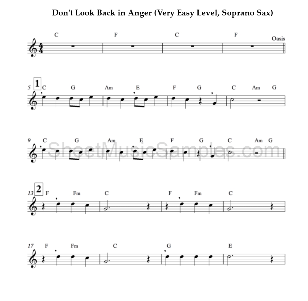 Don't Look Back in Anger (Very Easy Level, Soprano Sax)