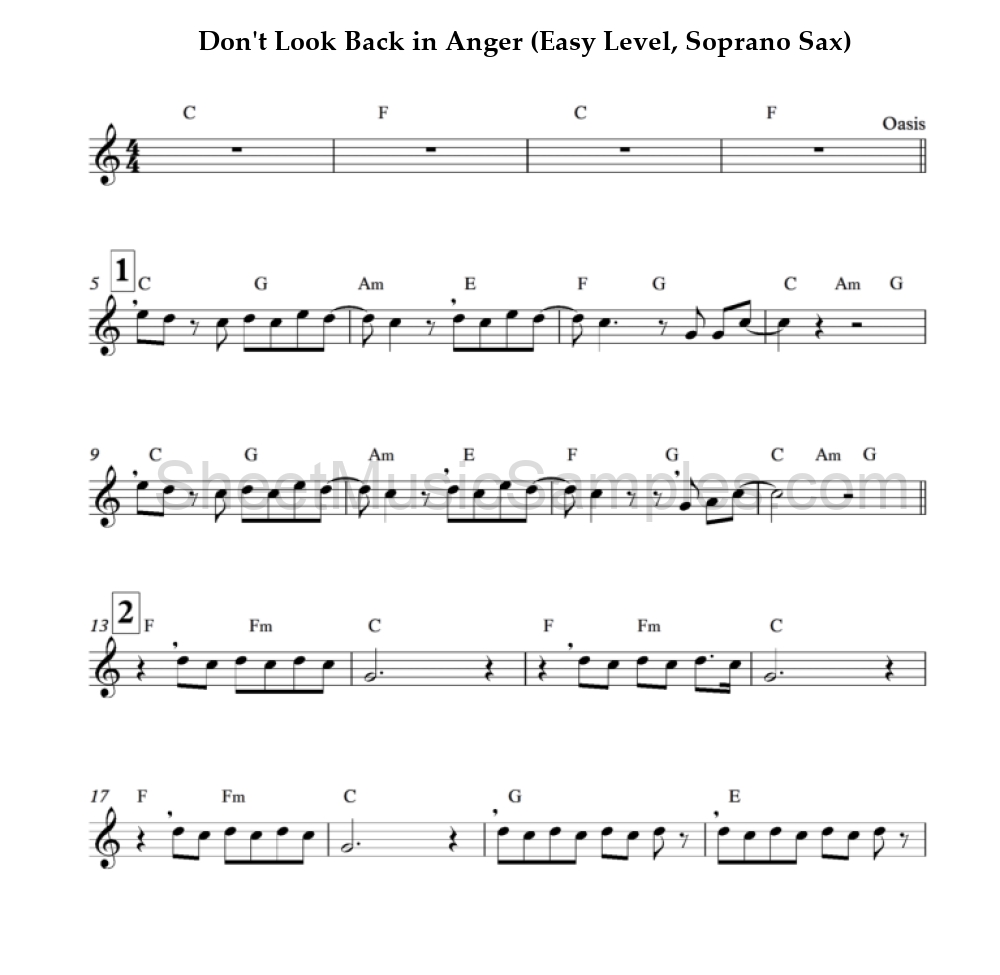 Don't Look Back in Anger (Easy Level, Soprano Sax)