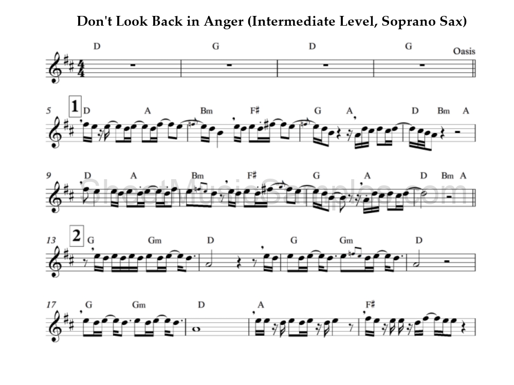 Don't Look Back in Anger (Intermediate Level, Soprano Sax)