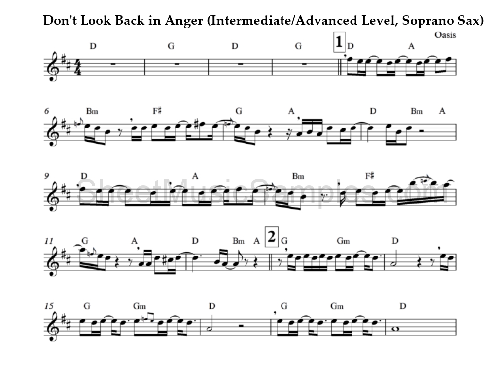 Don't Look Back in Anger (Intermediate/Advanced Level, Soprano Sax)