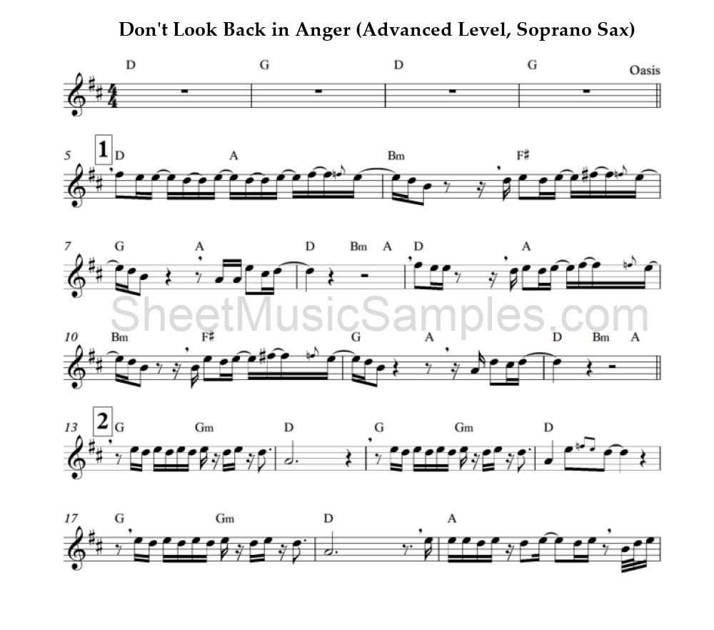 Don't Look Back in Anger (Advanced Level, Soprano Sax)