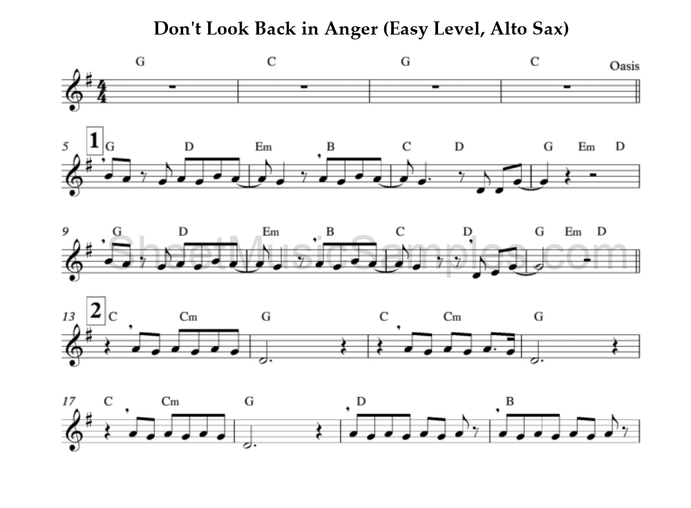 Don't Look Back in Anger (Easy Level, Alto Sax)