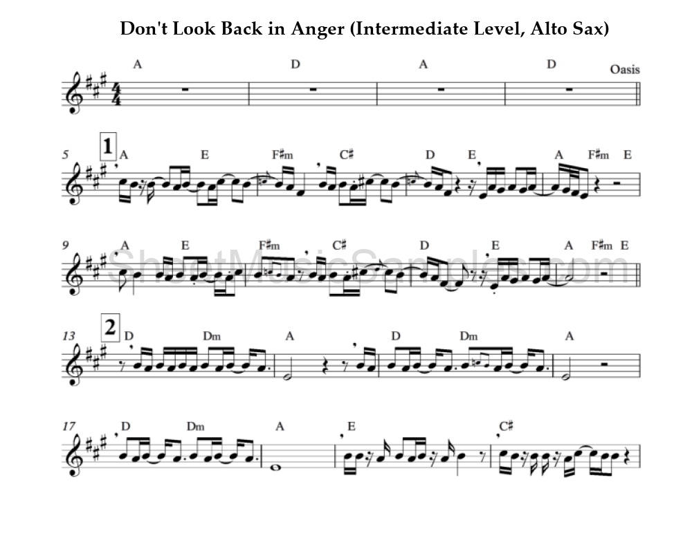 Don't Look Back in Anger (Intermediate Level, Alto Sax)