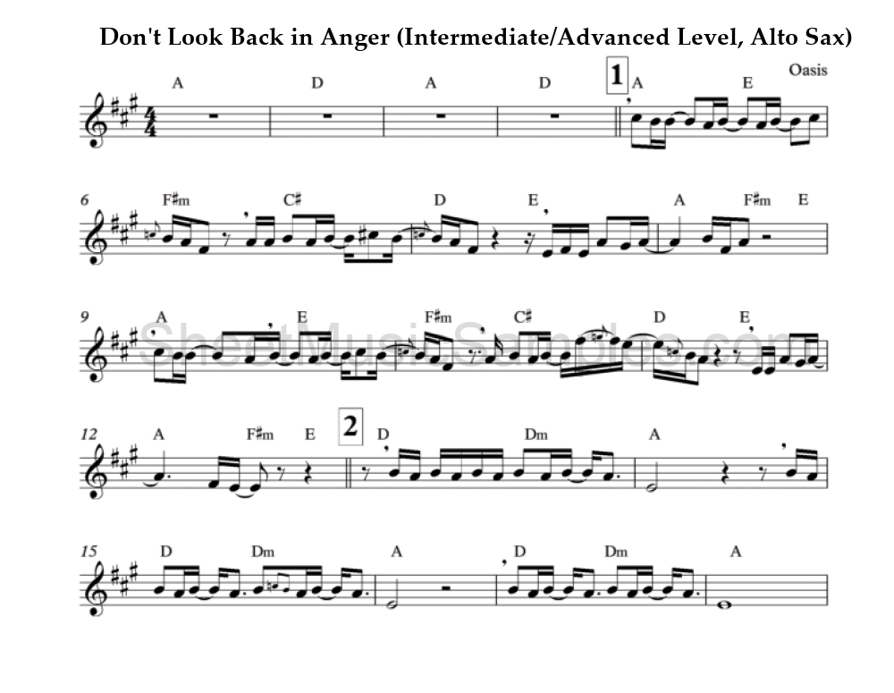 Don't Look Back in Anger (Intermediate/Advanced Level, Alto Sax)