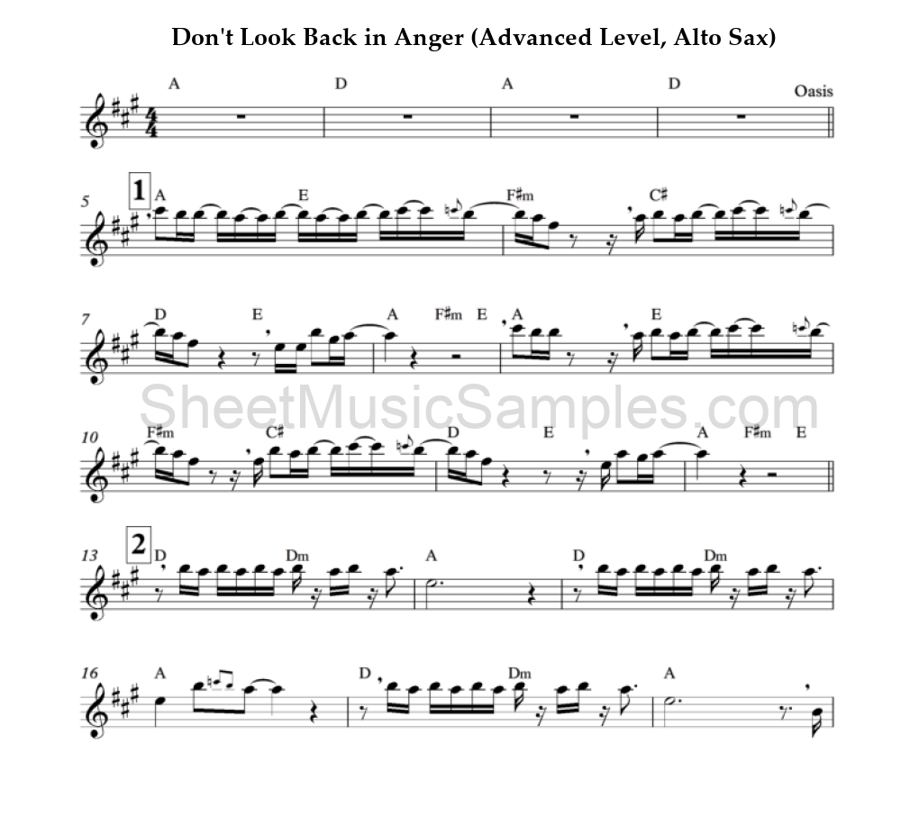 Don't Look Back in Anger (Advanced Level, Alto Sax)